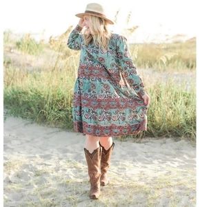 Victoria Dunn || Peony Dress Smocked Yoke in Burnt Sienna Floral Sz. Extra Large